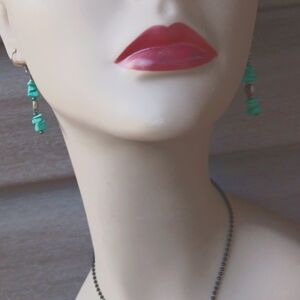 Unique Turquoise Bead Chip W/Silver Dangle Earrings